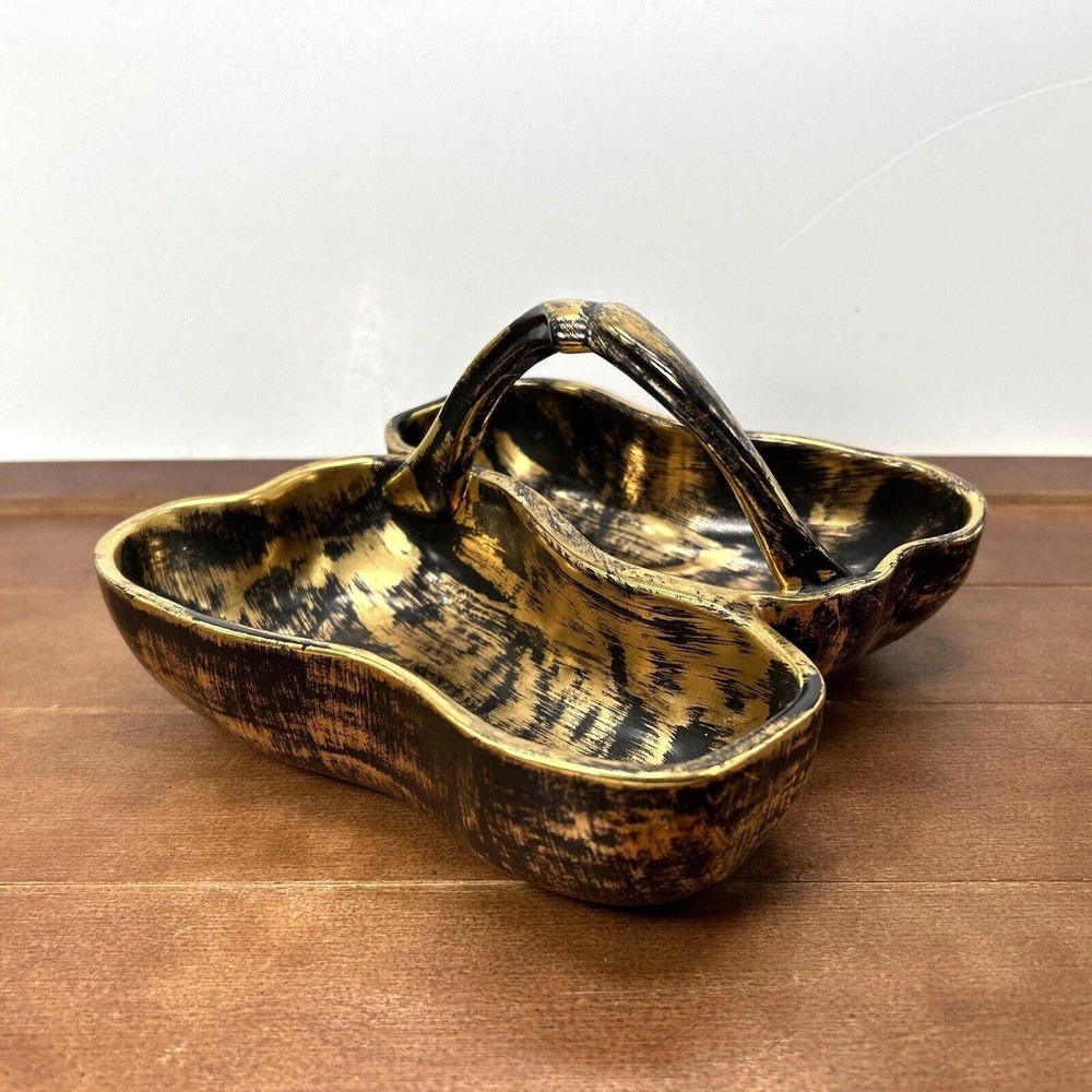 Stangl Pottery Double‎ Pear Dish Black Gold Serving Bowl #3782, Vintage